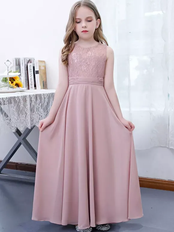 Robe de demoiselle d'honneur fille mousseline de soie dentelle col bijou sans manches rose lotus