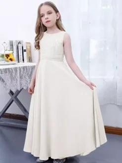 Robe de demoiselle d'honneur fille mousseline de soie dentelle col bijou sans manches rose lotus