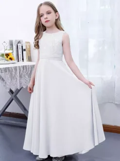 Robe de demoiselle d'honneur fille mousseline de soie dentelle col bijou sans manches rose lotus