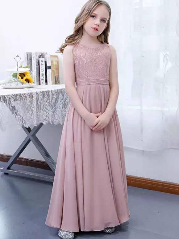 Robe de demoiselle d'honneur fille mousseline de soie dentelle col bijou sans manches rose lotus