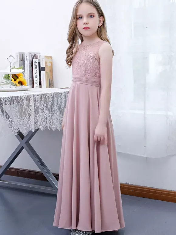 Robe de demoiselle d'honneur fille mousseline de soie dentelle col bijou sans manches rose lotus