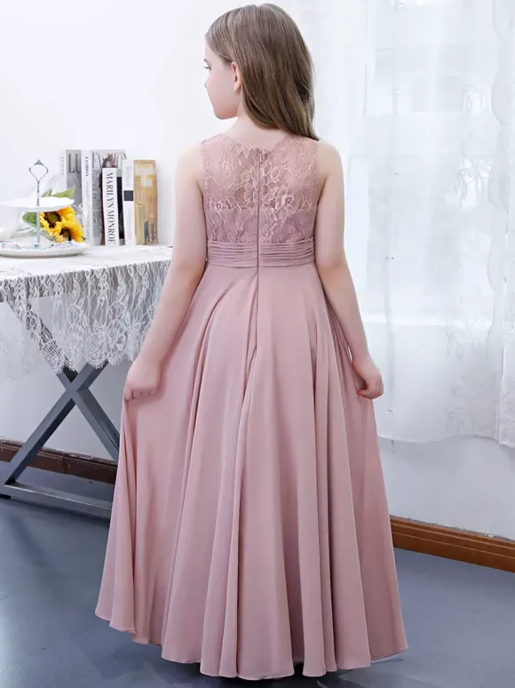 Robe de demoiselle d'honneur fille mousseline de soie dentelle col bijou sans manches rose lotus