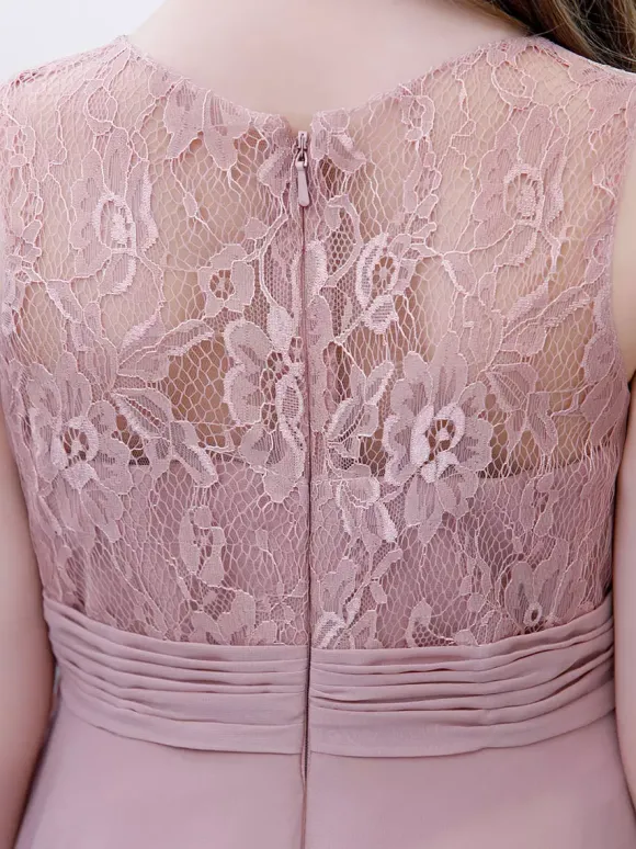 Robe de demoiselle d'honneur fille mousseline de soie dentelle col bijou sans manches rose lotus