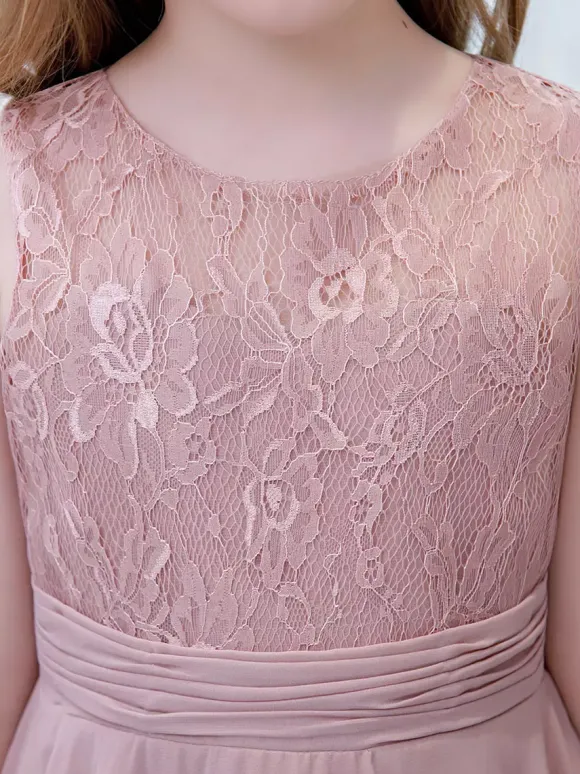 Robe de demoiselle d'honneur fille mousseline de soie dentelle col bijou sans manches rose lotus