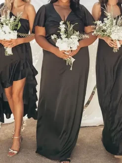 Robe de demoiselle d'honneur robe cocktail mariage col V manche courte zip sur dos