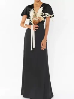 Robe de demoiselle d'honneur robe cocktail mariage col V manche courte zip sur dos