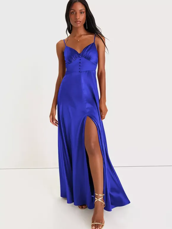 Robe de demoiselle d'honneur bretelles Spaghetti dos ouvert fente haute robes de bal de promo trapèze