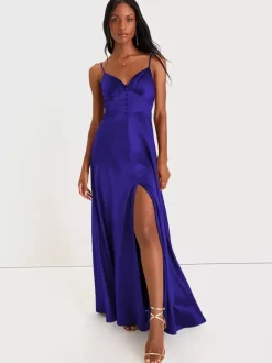 Robe de demoiselle d'honneur bretelles Spaghetti dos ouvert fente haute robes de bal de promo trapèze