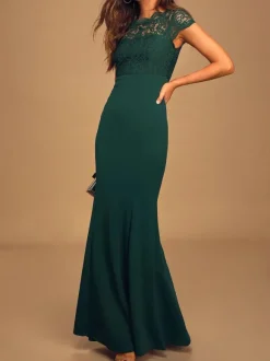 Robe de demoiselle d'honneur verte fonçé col bateau en dentelle zip sur dos robe de cocktail de mariage