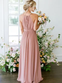 Robe de demoiselle d'honneur Robe trapèze col rond décolleté en mousseline de soie longueur au sol robe de soirée