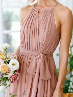 Robe de demoiselle d'honneur Robe trapèze col rond décolleté en mousseline de soie longueur au sol robe de soirée