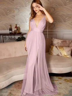 Robe de demoiselle d'honneur robe de soirée cocktail mariage col v dos nu jupe fendue au sol