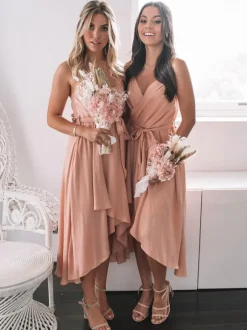 Robe de demoiselle d'honneur saumon rose col V à bretelle robe de soirée de mariage