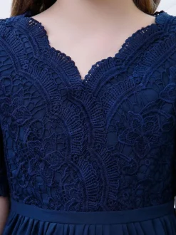 Robe de Demoiselle d'Honneur Fille Mousseline de Soie Dentelle Col V Manches Courtes Bleu Marine Foncé
