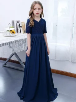 Robe de Demoiselle d'Honneur Fille Mousseline de Soie Dentelle Col V Manches Courtes Bleu Marine Foncé