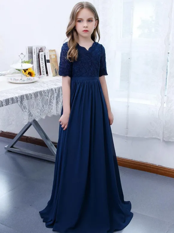 Robe de Demoiselle d'Honneur Fille Mousseline de Soie Dentelle Col V Manches Courtes Bleu Marine Foncé