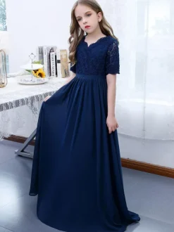 Robe de Demoiselle d'Honneur Fille Mousseline de Soie Dentelle Col V Manches Courtes Bleu Marine Foncé