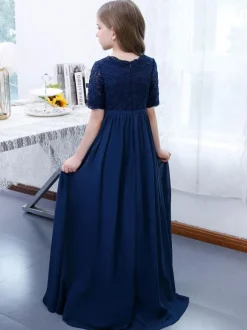 Robe de Demoiselle d'Honneur Fille Mousseline de Soie Dentelle Col V Manches Courtes Bleu Marine Foncé