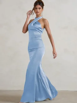 Robe de demoiselle d'honneur sirène longueur au sol fermeture éclair en tissu satiné robe de soirée de mariage