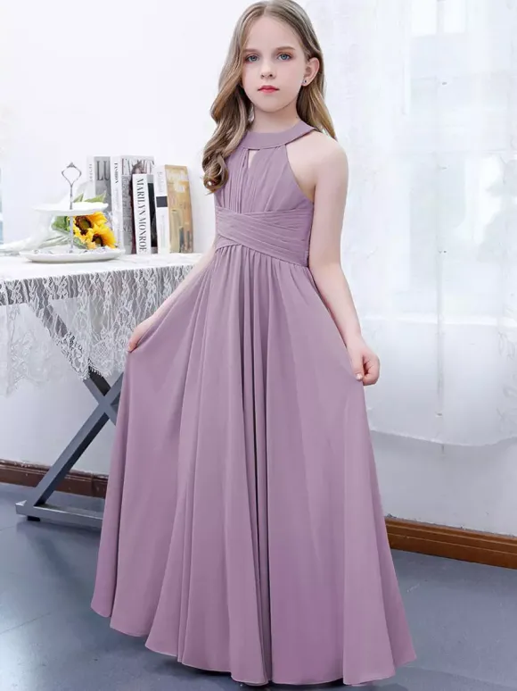 Robe de demoiselle d'honneur en mousseline de soie plissée dos nu sans manches rose lotus