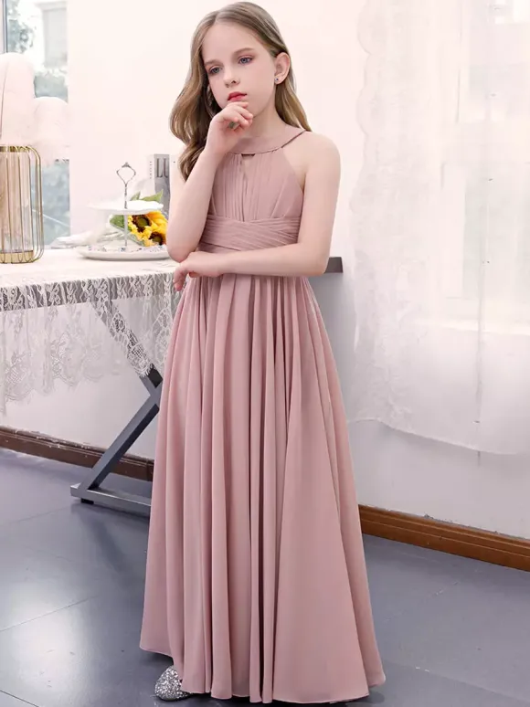 Robe de demoiselle d'honneur en mousseline de soie plissée dos nu sans manches rose lotus