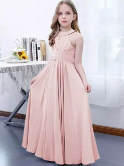 Robe de demoiselle d'honneur en mousseline de soie plissée dos nu sans manches rose lotus