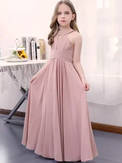 Robe de demoiselle d'honneur en mousseline de soie plissée dos nu sans manches rose lotus