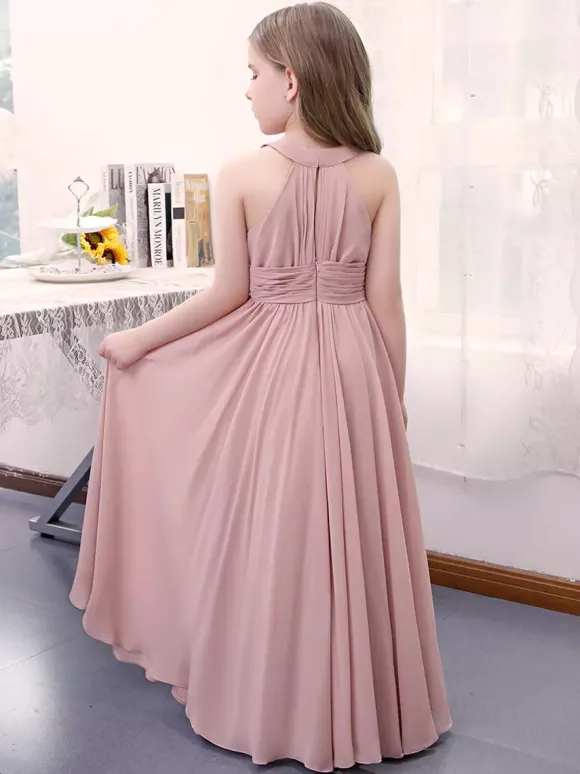 Robe de demoiselle d'honneur en mousseline de soie plissée dos nu sans manches rose lotus