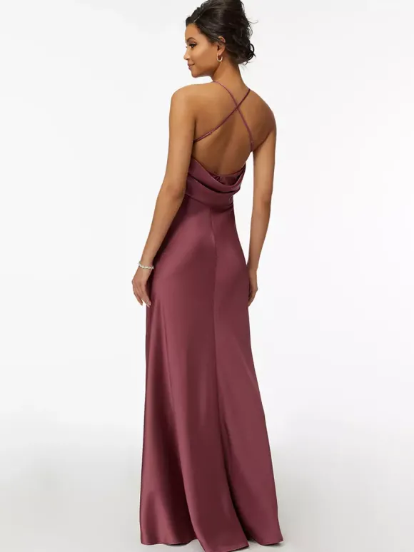 Robe de demoiselle d'honneur gaine longueur au sol fermeture éclair tissu satiné robe de soirée de mariage