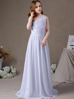 Robe de demoiselle d'honneur en mousseline de soie plissée une épaule sans manches blanc