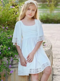 Robe de fille de fleur blanche col carré demie-manche robe cortège enfant robe cérémonie fille