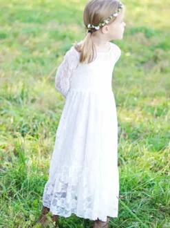 Robe de fille de fleur blanche Robe à col rond en dentelle manche longue