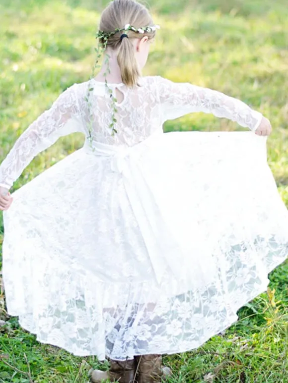 Robe de fille de fleur blanche Robe à col rond en dentelle manche longue