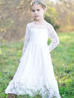 Robe de fille de fleur blanche Robe à col rond en dentelle manche longue