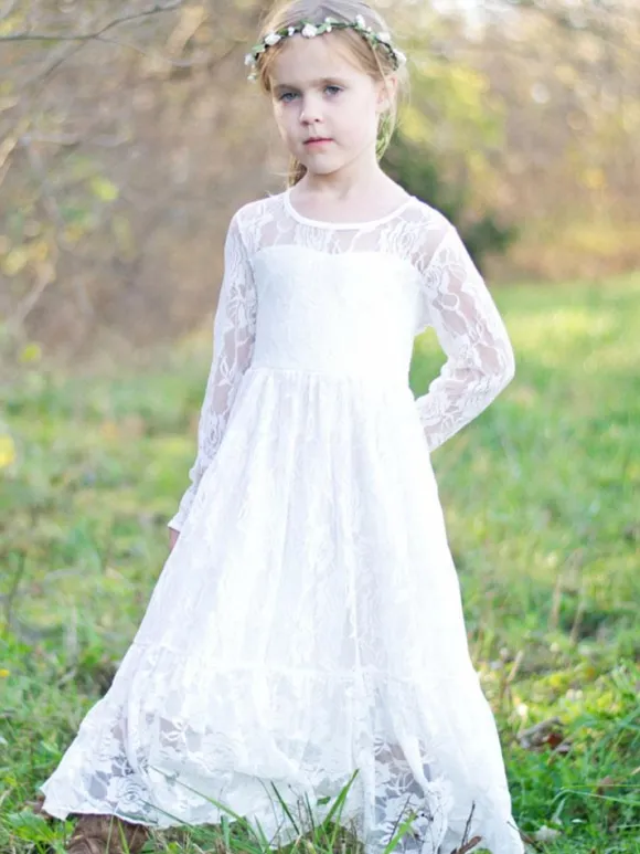 Robe de fille de fleur blanche Robe à col rond en dentelle manche longue