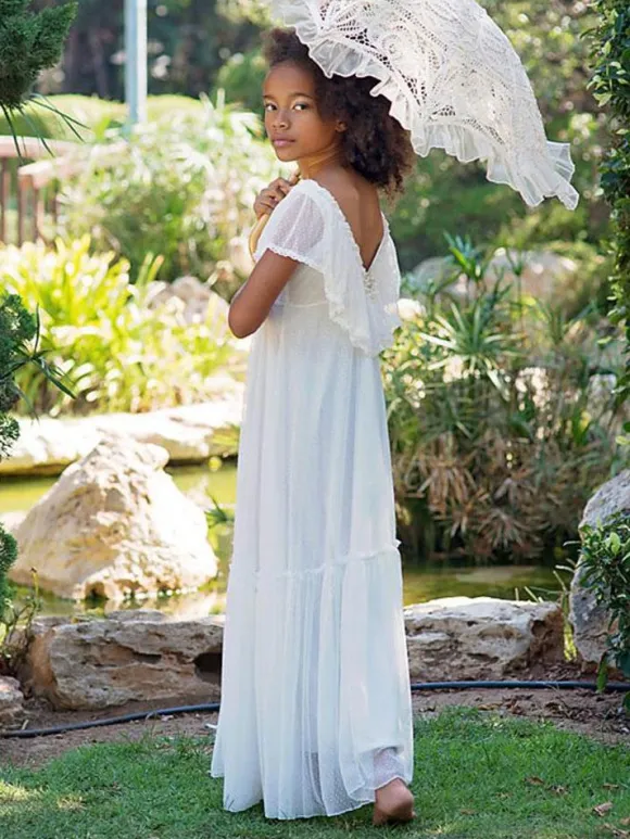 Robe de fille de fleur blanche en dentelle dos en V longueur au sol robe cortège enfant