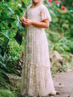 Robe de fille de fleur ivoire en dentelle col rond manche courte longueur au sol robe cortège enfant robe cérémonie fille