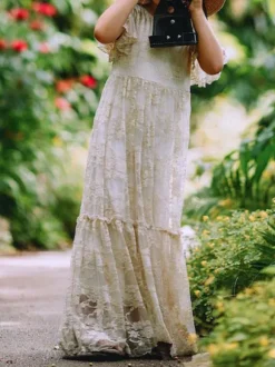 Robe de fille de fleur ivoire en dentelle col rond manche courte longueur au sol robe cortège enfant robe cérémonie fille