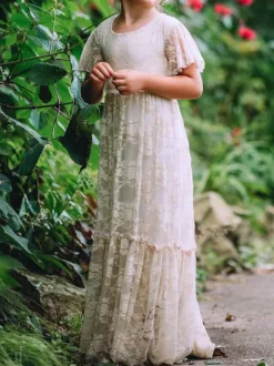 Robe de fille de fleur ivoire en dentelle col rond manche courte longueur au sol robe cortège enfant robe cérémonie fille