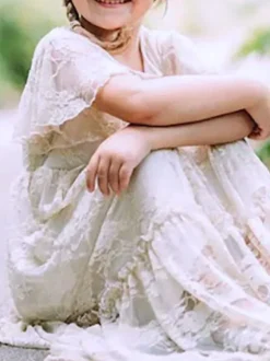 Robe de fille de fleur ivoire en dentelle col rond manche courte longueur au sol robe cortège enfant robe cérémonie fille