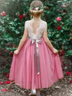 Robe de fille de fleur robe cortège enfant bleu col rond avec ceinture