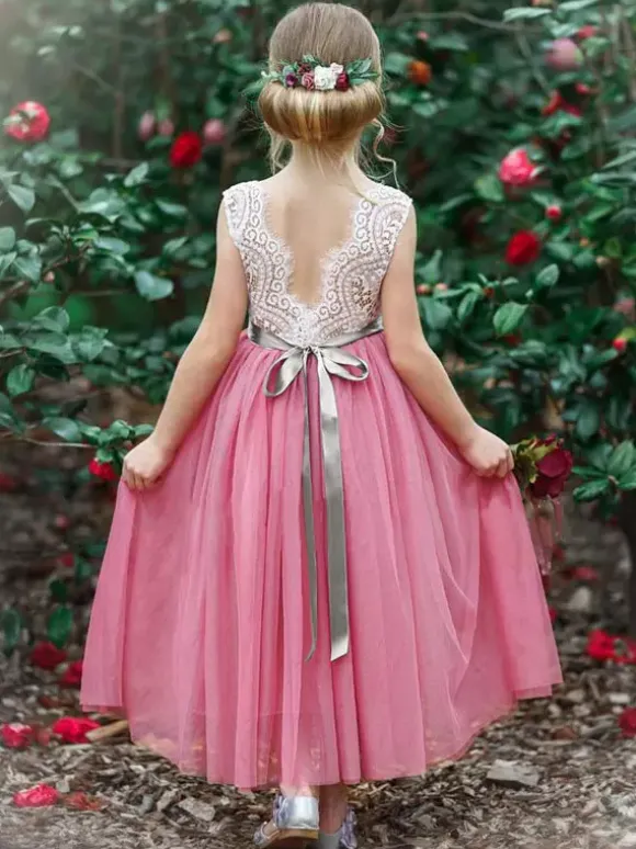 Robe de fille de fleur robe cortège enfant bleu col rond avec ceinture