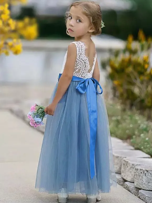 Robe de fille de fleur robe cortège enfant bleu col rond avec ceinture