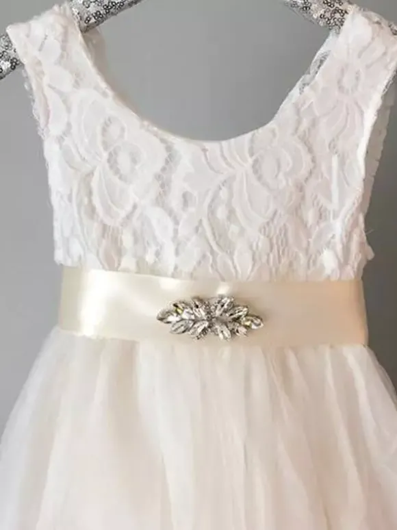 Robe de fille de fleur robe cortège enfant bleu col rond avec ceinture