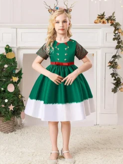 Robe de fête pour Noël Green Polyester Fibre à imprimé floral Costumes de vacances de Noël