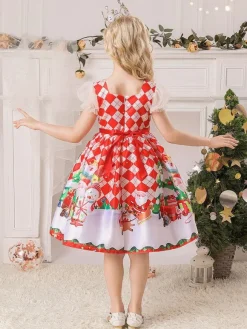 Robe de fête pour Noël Red Polyester Fibre Plaid Match Floral Print Christmas Holidays Costumes Robe