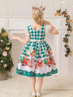 Robe de fête pour Noël Red Polyester Fibre Plaid Match Floral Print Christmas Holidays Costumes Robe