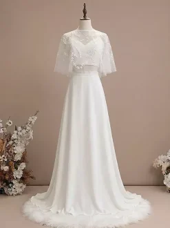 Robe de mariée 3 pièces en dentelle et satin décolleté illusion fermeture éclair manches mi-longues