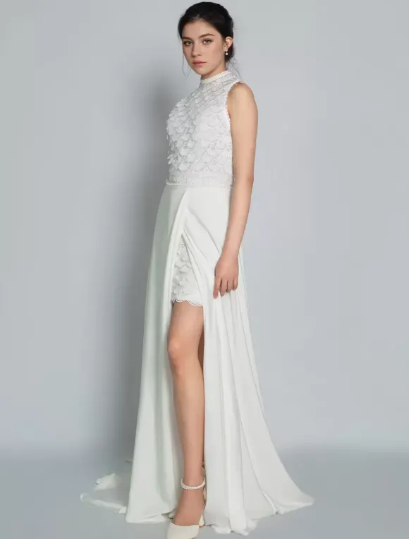 Robe de mariée 2 Pièces en dentelle Ivoire sans manches Robe de Mariée Simple Robes de mariée