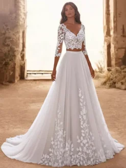 Robe de mariée 2 Pièces en tulle Crème Vanille manches 3/4 Robe de mariée dentelle Robes de mariée